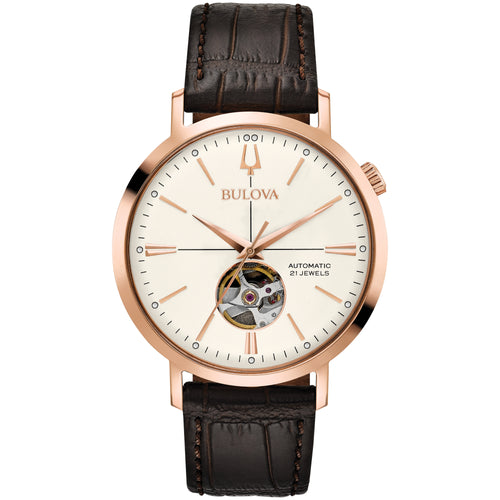Classic Bulova Aerojet Watch rose gold stainless steel and brown leather band