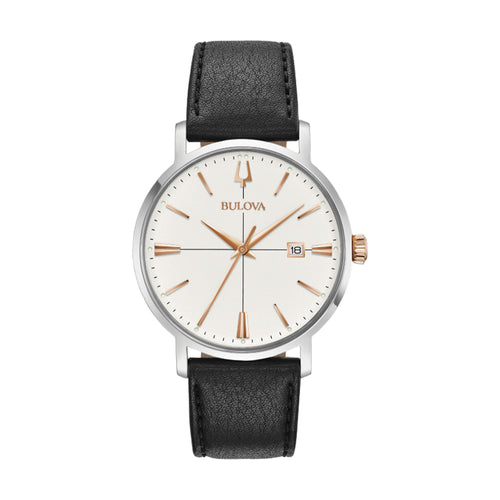 Bulova aerojet  Stainless steel case, rose gold-tone crown and accents on silver-white dial with three-hand calendar feature, box mineral glass, smooth grain black leather strap 