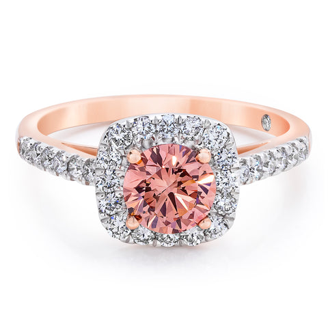 1.50 CTW Pink and White Lab-Created Diamond Halo Ring With Pave Band in 14K Rose Gold
